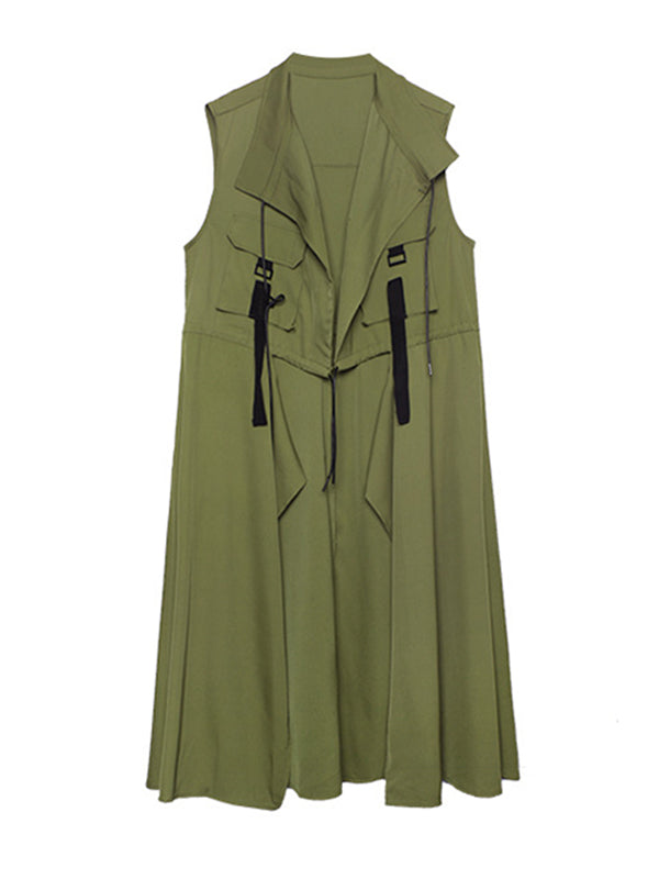Long sleeveless gilet with a drawstring waist and an open front