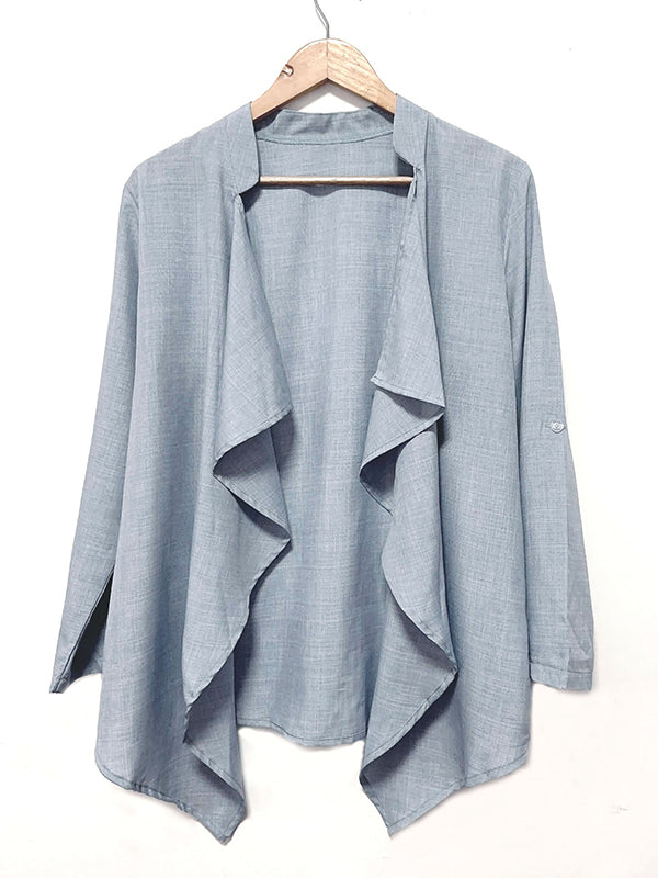 Light chambray-blue draped jacket with an open front and pointed hem