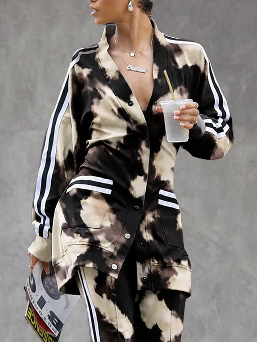 Tie-dye cardigan in black and cream with striped sleeves in black / cream