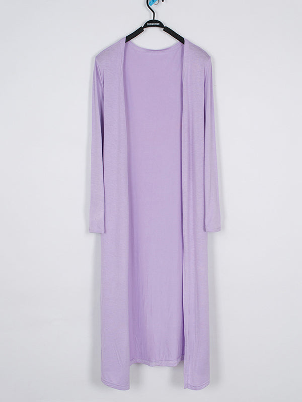 Light longline cardigan hanging open with dropped shoulders in purple