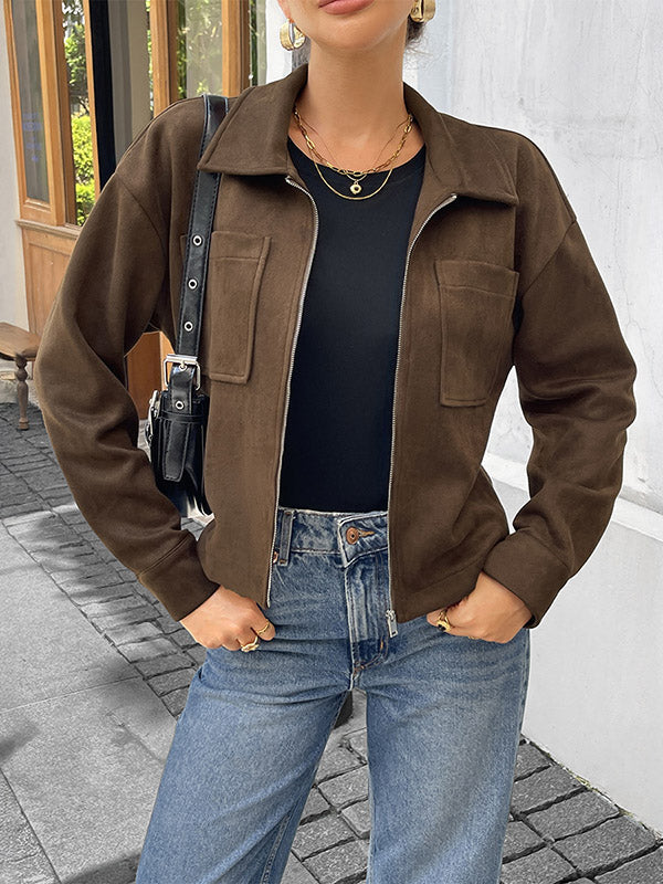 Chocolate brown suede-look jacket with a shirt collar and zip front in chocolate