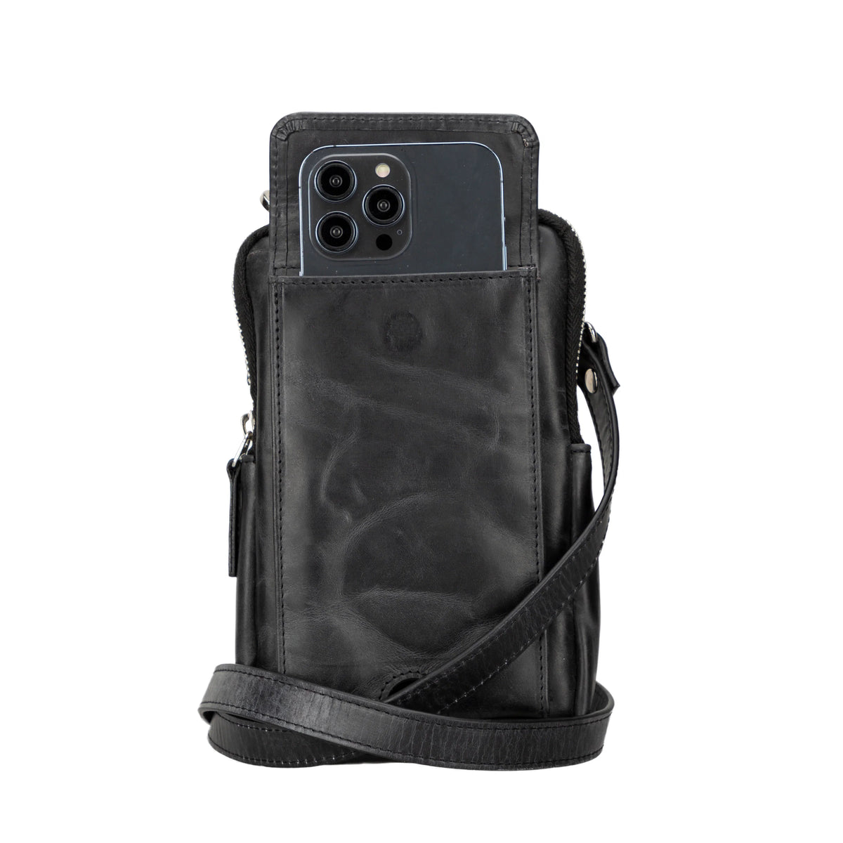 Leather Crossbody Phone Bag in Navy