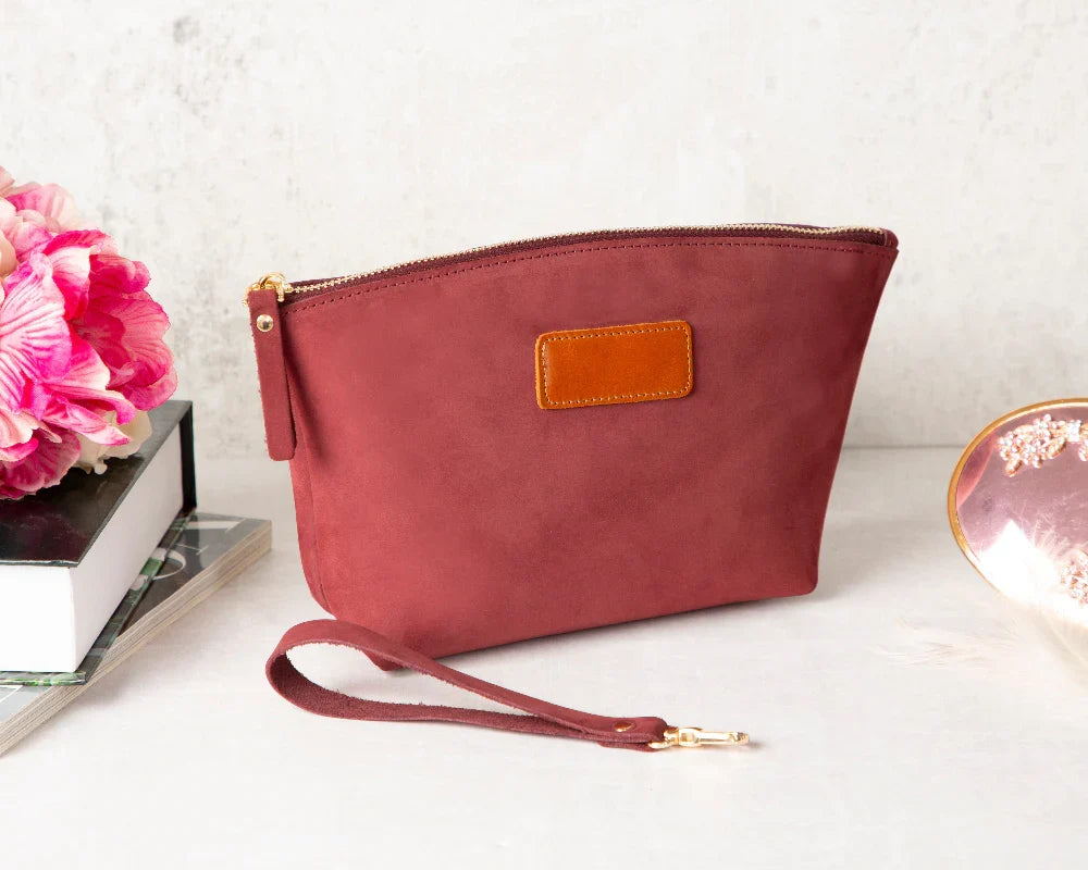 Leather Make-up Bag in Berry