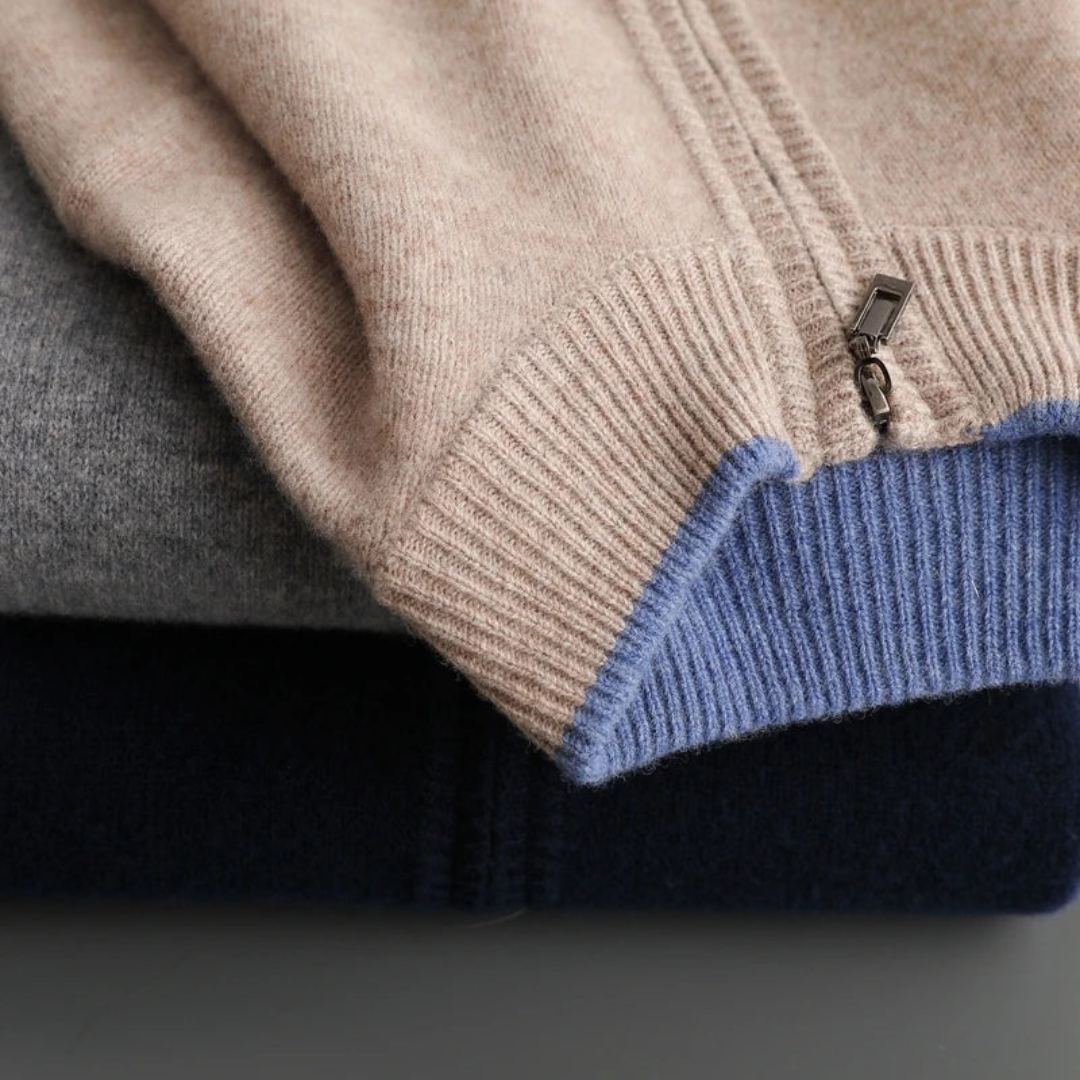Men's cardigan with contrast trim at the cuff