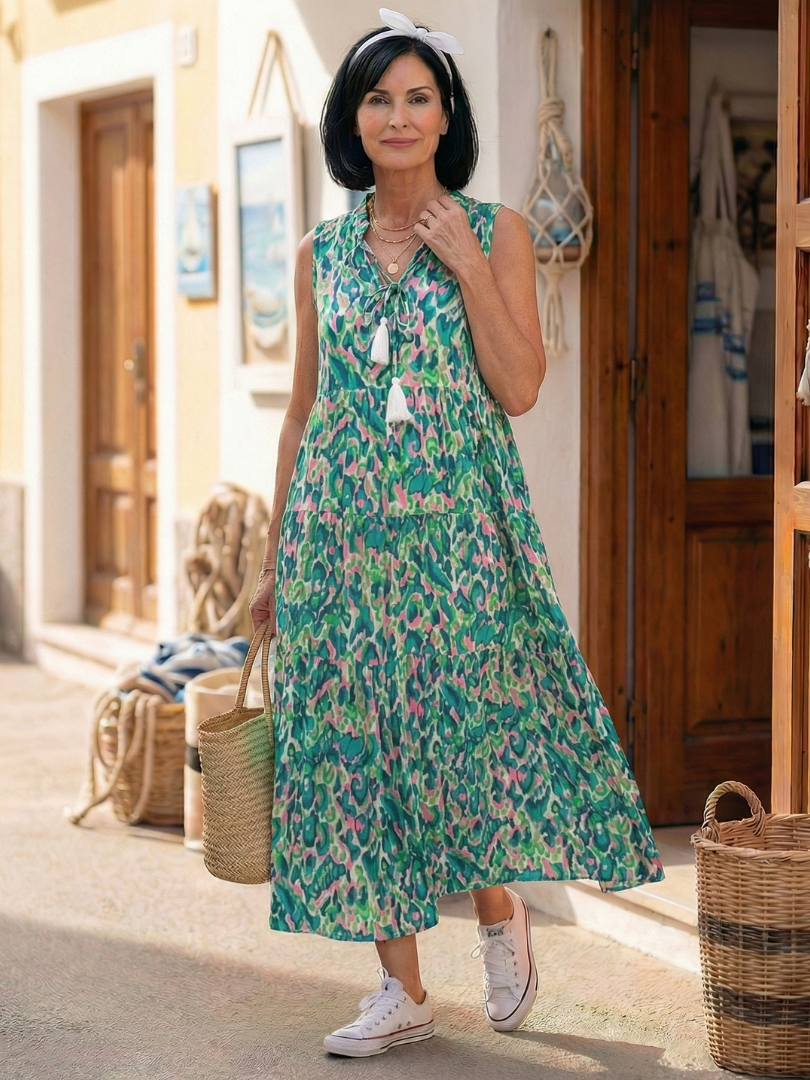 Women's Tiered Midi Dress with Tie Neckline Multicolour – Saint Dor UK – draped view