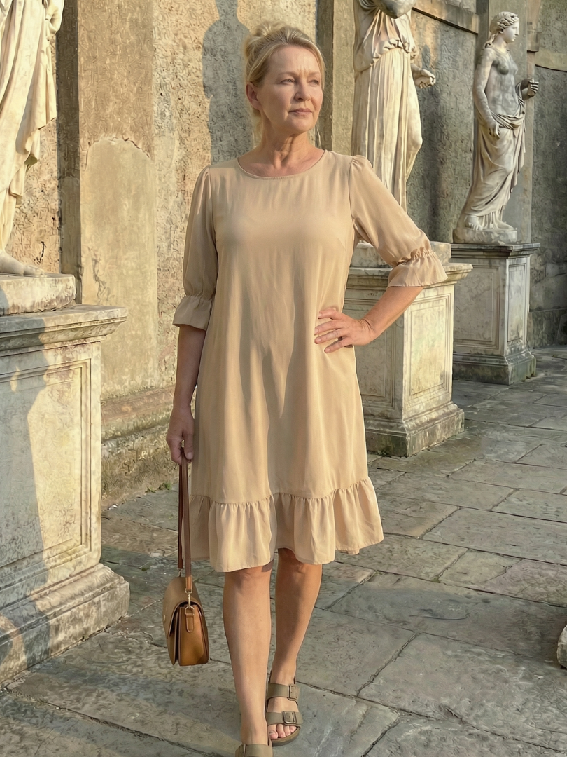 Women's Knee-Length Dress with Ruffle Cuff Detail – Saint Dor UK – lifestyle shot