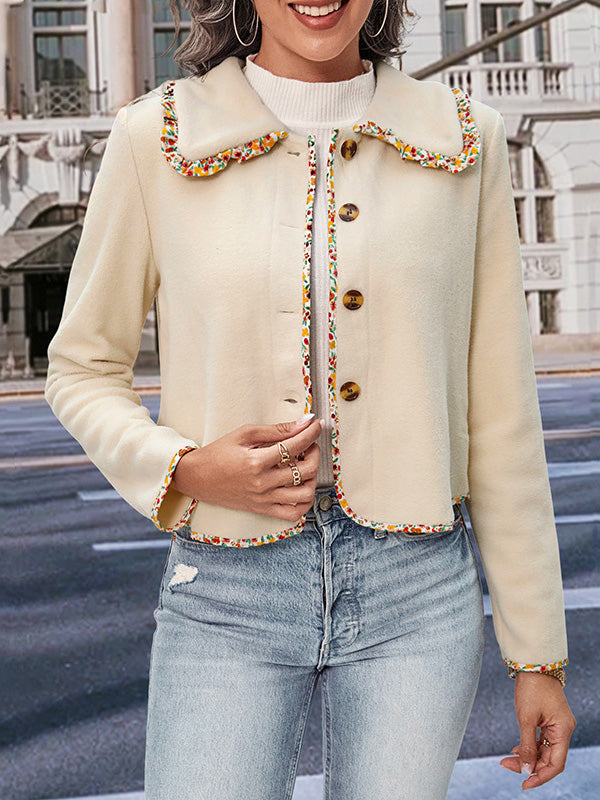 Cream cropped jacket with a multicoloured braid trim and gold-tone buttons
