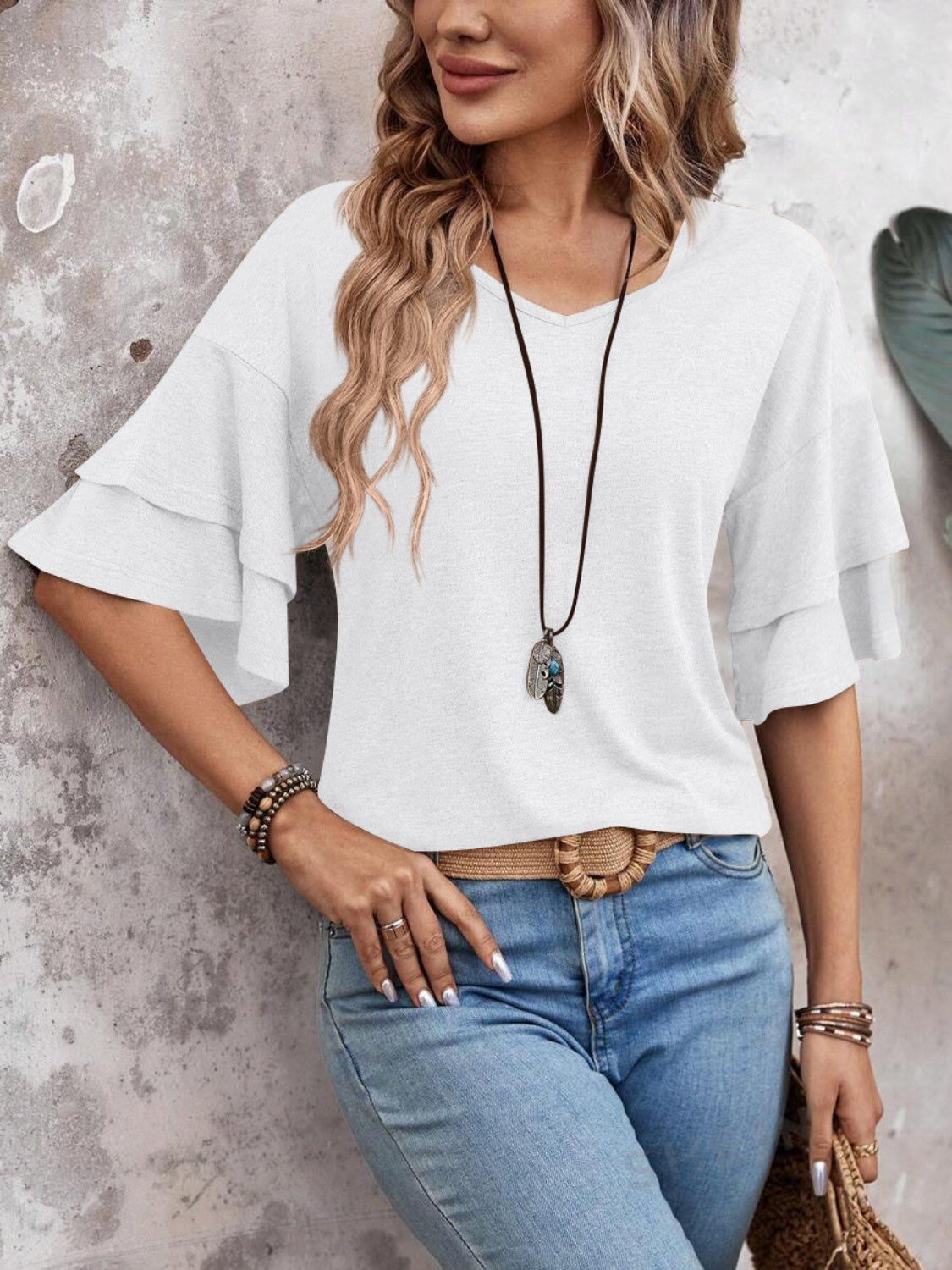 Women's layered flutter sleeve blouse - detail