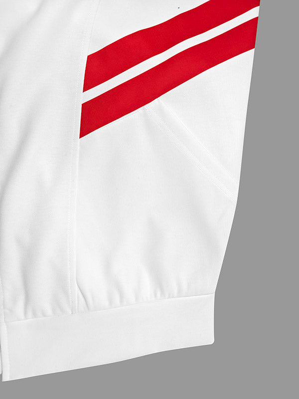 White track jacket with twin red stripes across the sleeves
