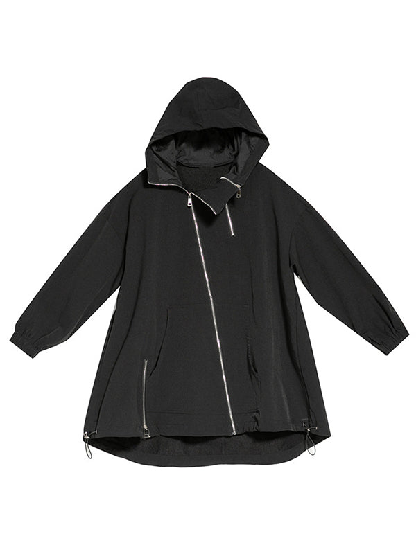 Oversized black hooded jacket with an off-centre zip and drawstring hem