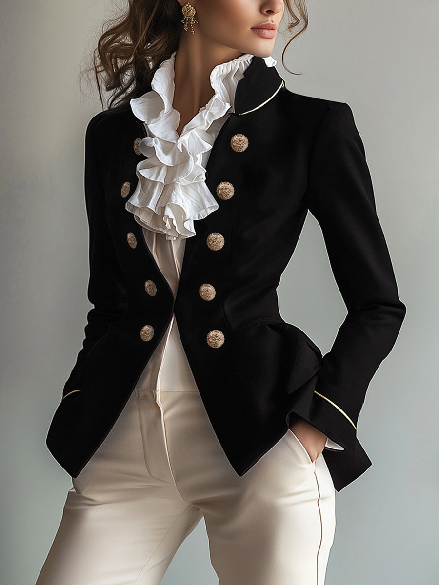 Fitted military blazer with gold-tone buttons and a short peplum in black