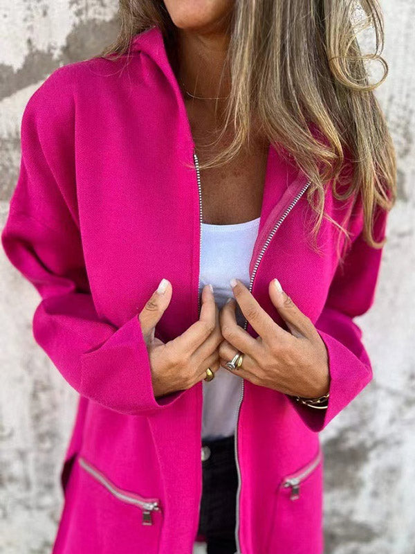 Soft hooded jacket with a full zip and dropped shoulders in fuchsia