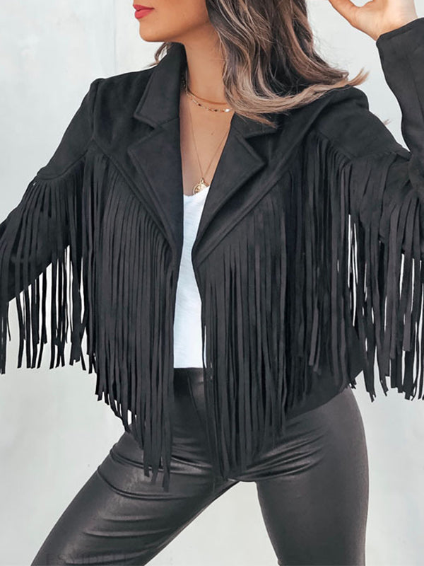 Short fringed jacket with a notch lapel and open front
