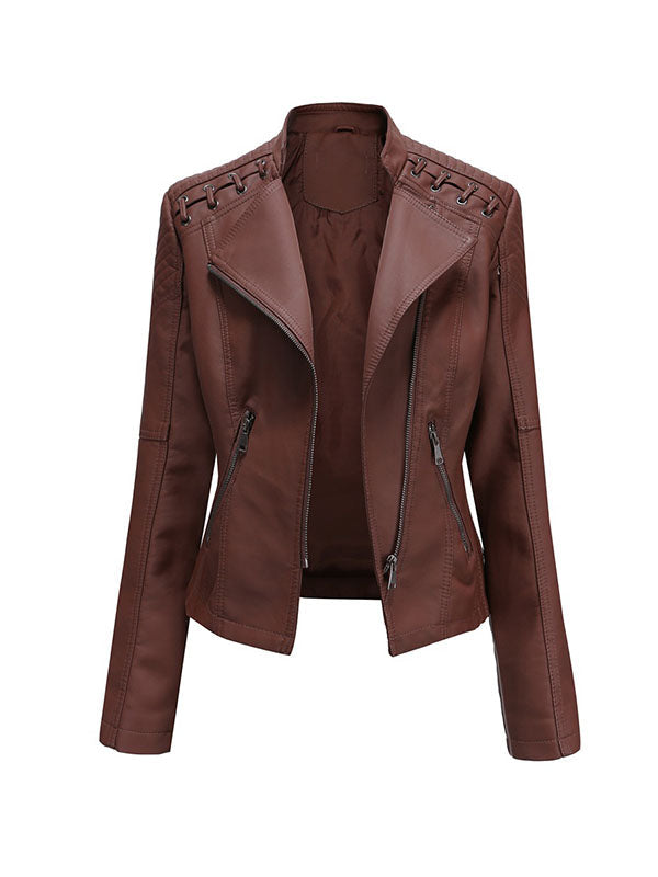 Faux leather biker jacket with lacing across the shoulders
