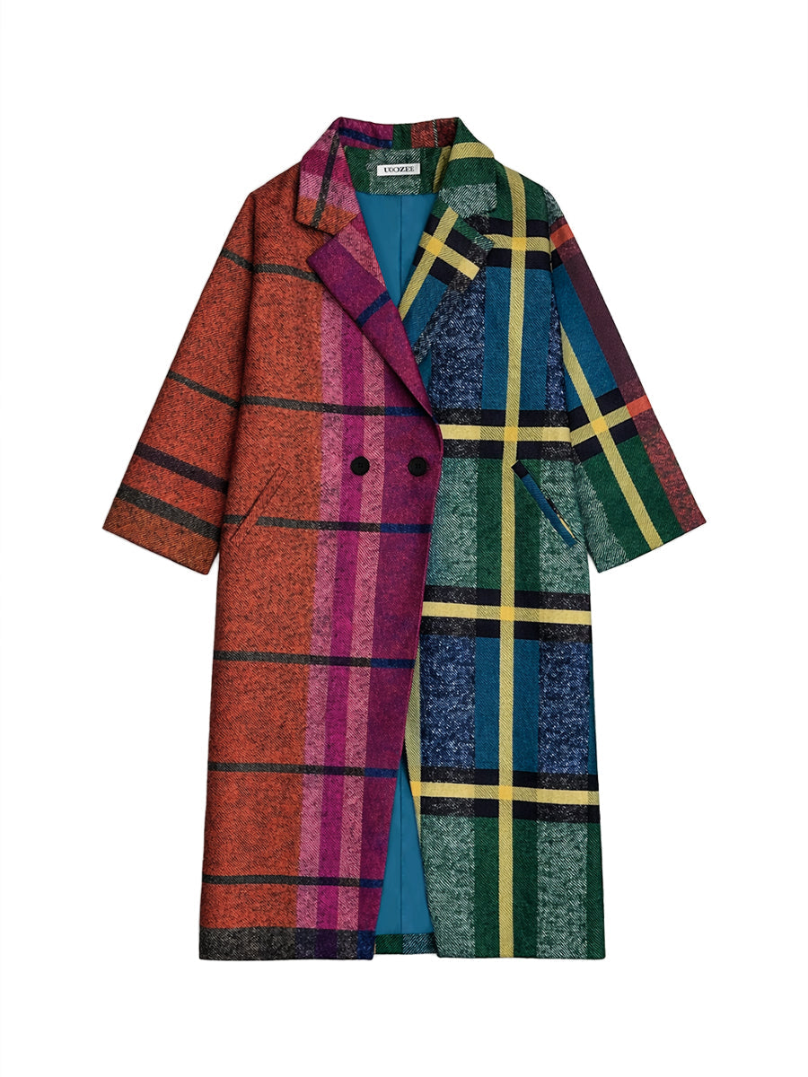 Longline coat in bright multicolour plaid with a lapel collar