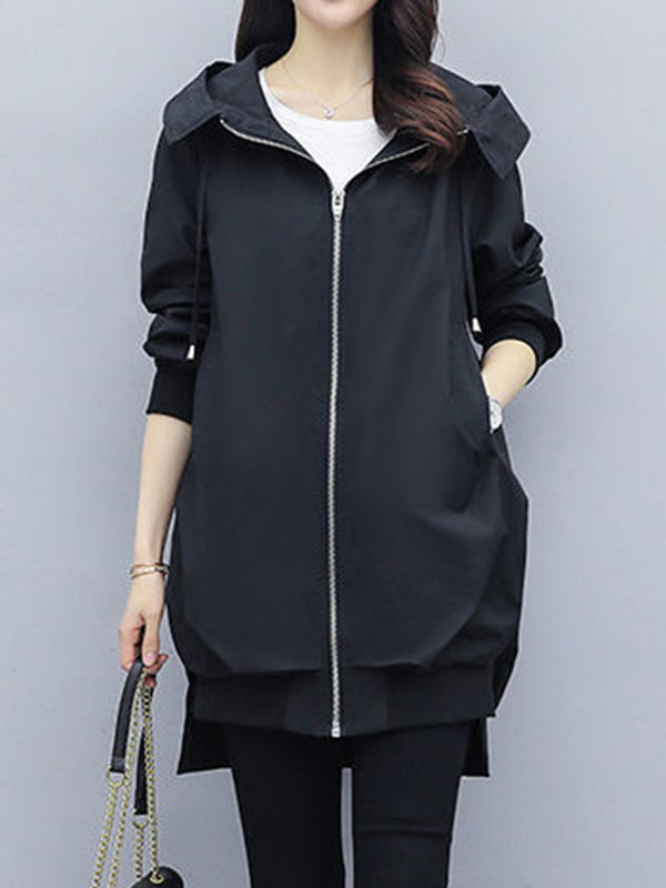 Longline hooded jacket with a zip front and slanted pockets in black