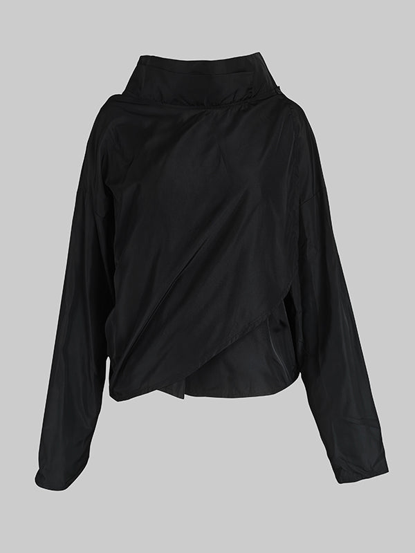 Draped jacket with an asymmetric fold-over front and stand collar