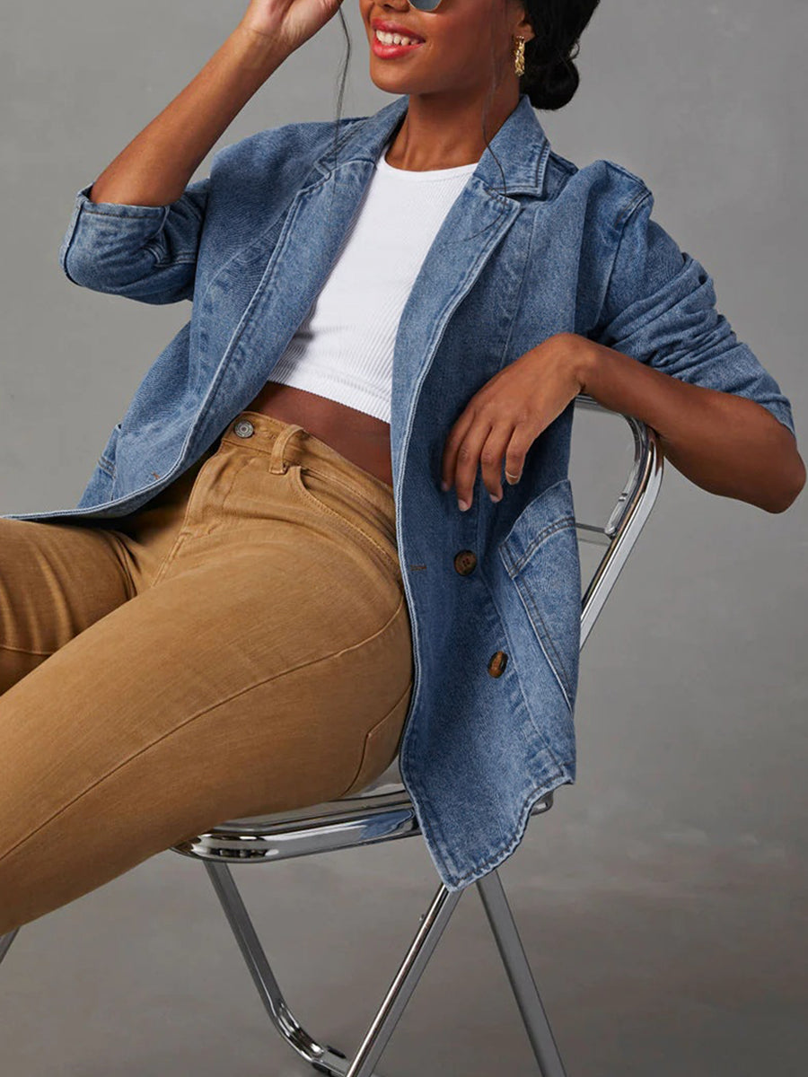 Mid wash denim blazer with a notched collar and four patch pockets