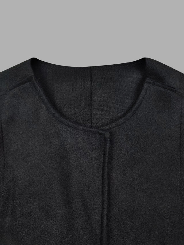 Collarless longline coat with dropped sleeves and an open front