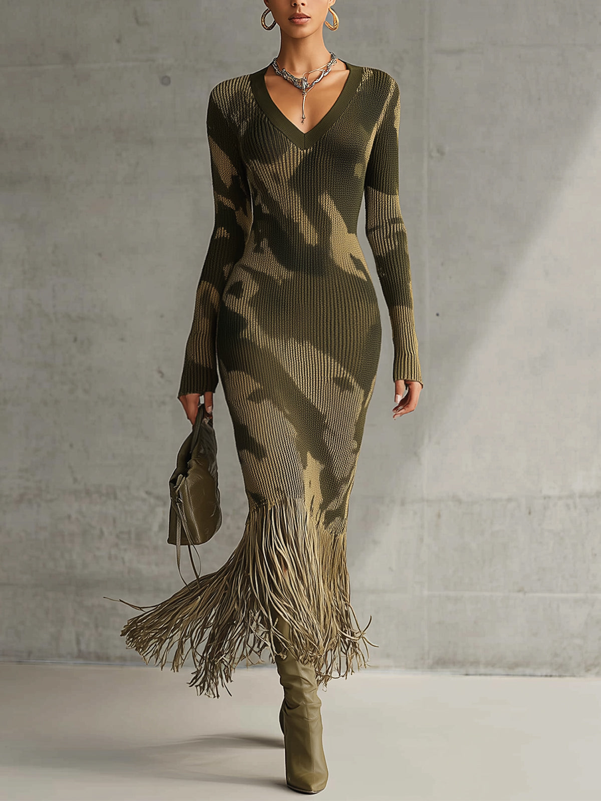 Ribbed camo knit dress with fringe hem in Olive