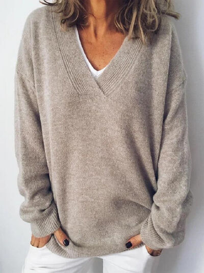 Women's V-neck dropped shoulder jumper in Dust Storm