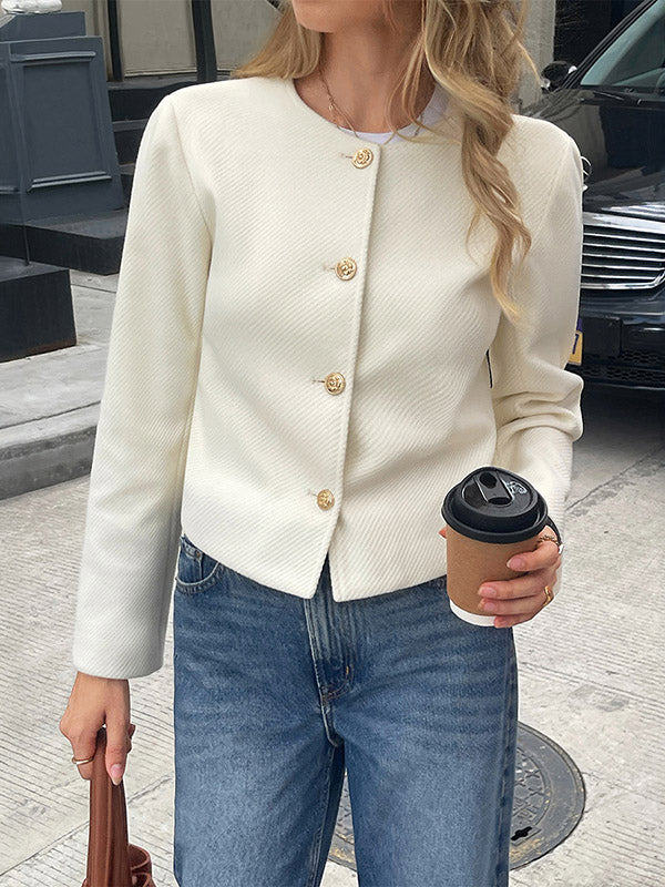 Cream collarless jacket with a round neck and gold-tone buttons