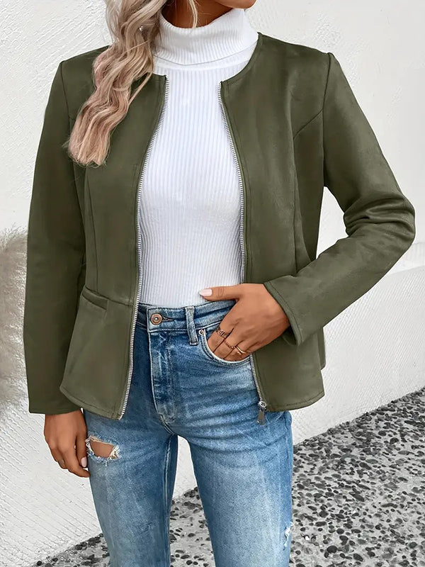 Collarless suede-look jacket with a zip front and welt pockets