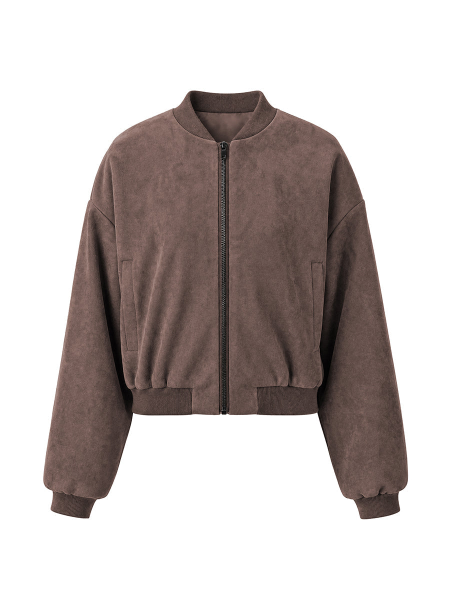 Cropped bomber jacket in soft coffee suede-look cloth