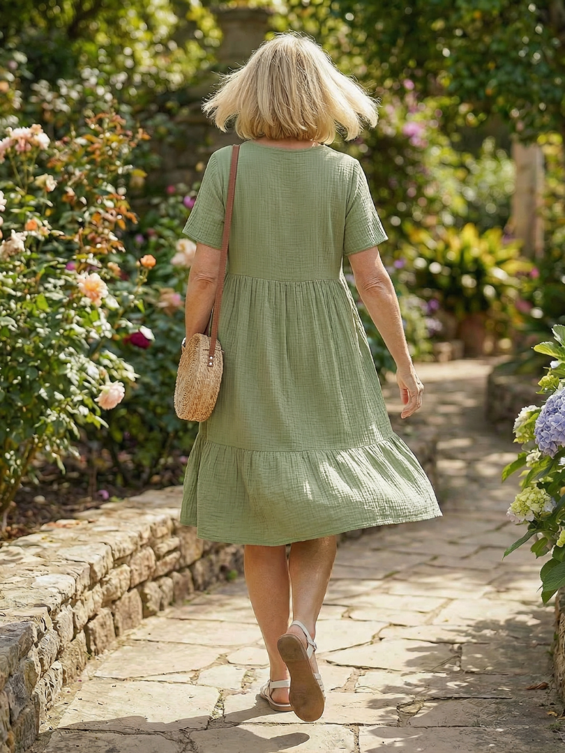 Women's Woven Knee-Length Dress with Gathered Skirt – Saint Dor UK – close-up