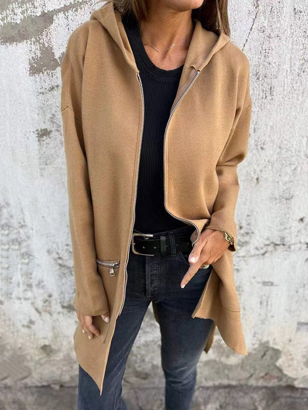 Soft hooded jacket with a full zip and dropped shoulders in khaki