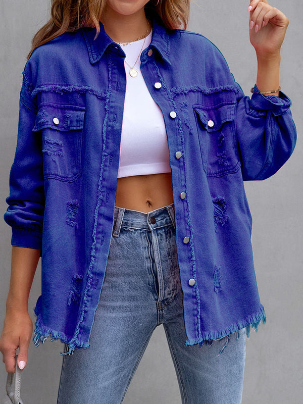 Oversized shirt jacket with frayed edges and chest pockets in blue