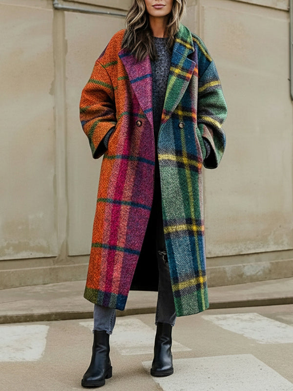 Longline coat in bright multicolour plaid with a lapel collar