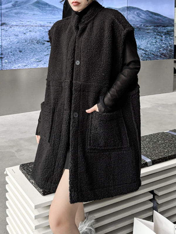 Sleeveless suede-look gilet with a dark faux shearling trim