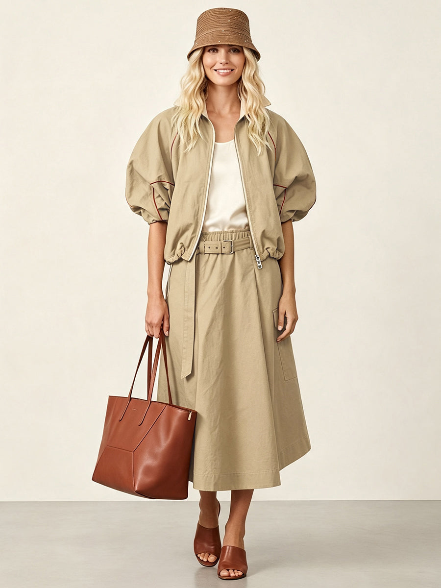 Khaki jacket with rust contrast piping and gathered puff sleeves