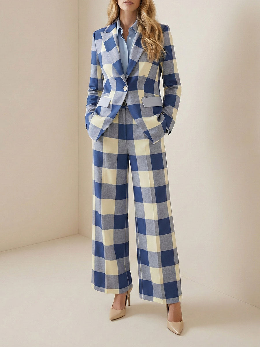 Blue and cream checked blazer with a notched collar and flap pockets in blue check