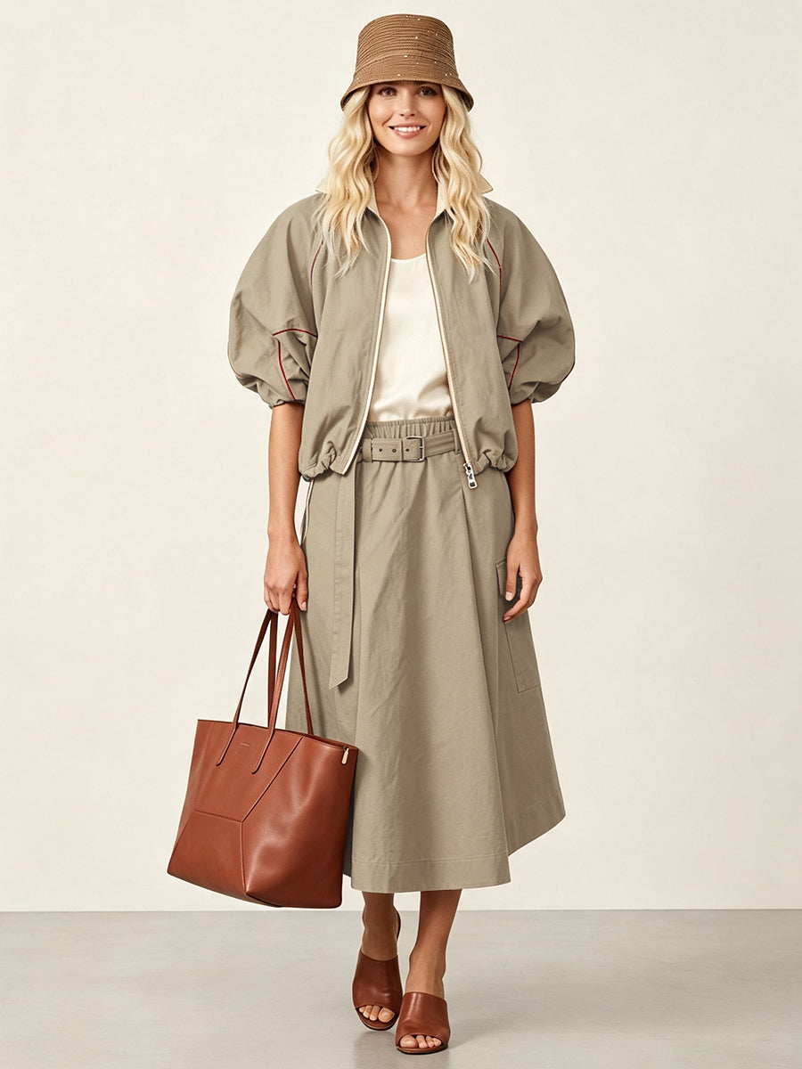 Khaki jacket with rust contrast piping and gathered puff sleeves