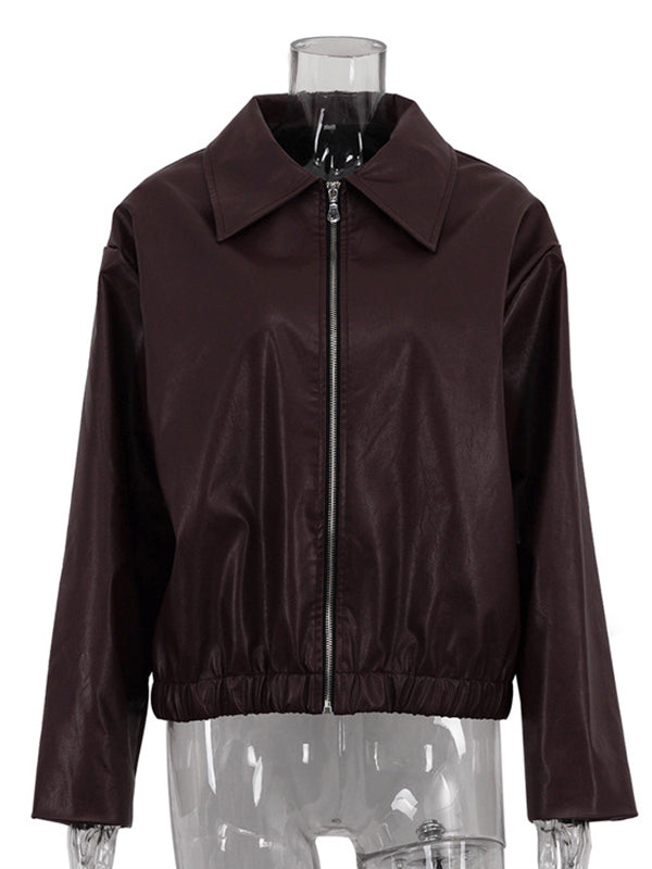 Chocolate brown faux leather jacket with a wide lapel collar and zip