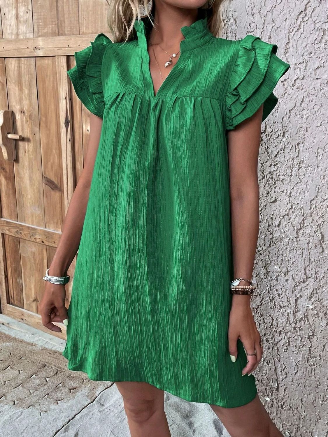 Women's ruffle shoulder mini dress in Green
