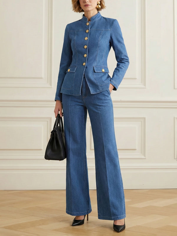 Fitted denim jacket with a stand collar and gold-tone buttons
