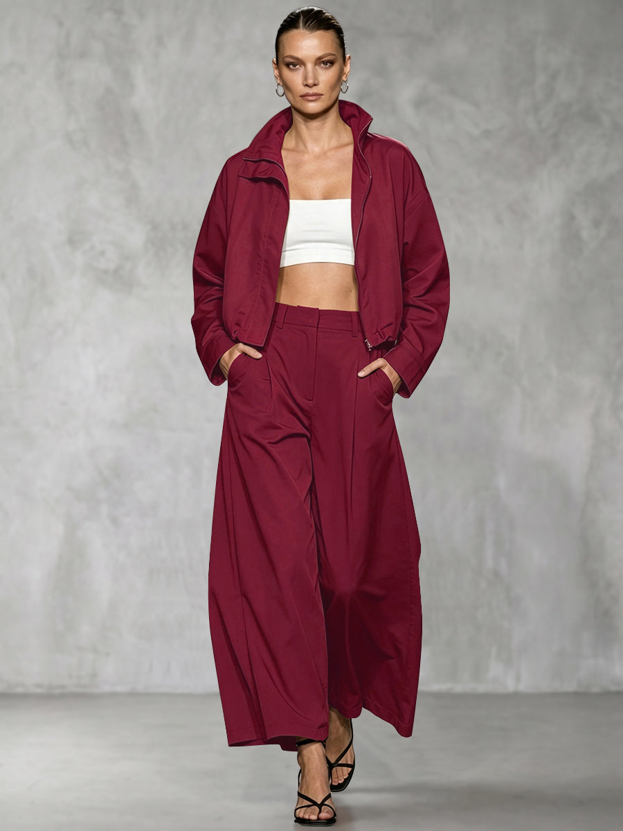 Cropped jacket with a stand collar, zip front and wide sleeves