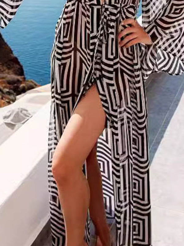 Long sheer beach cover-up in a black and white geometric print