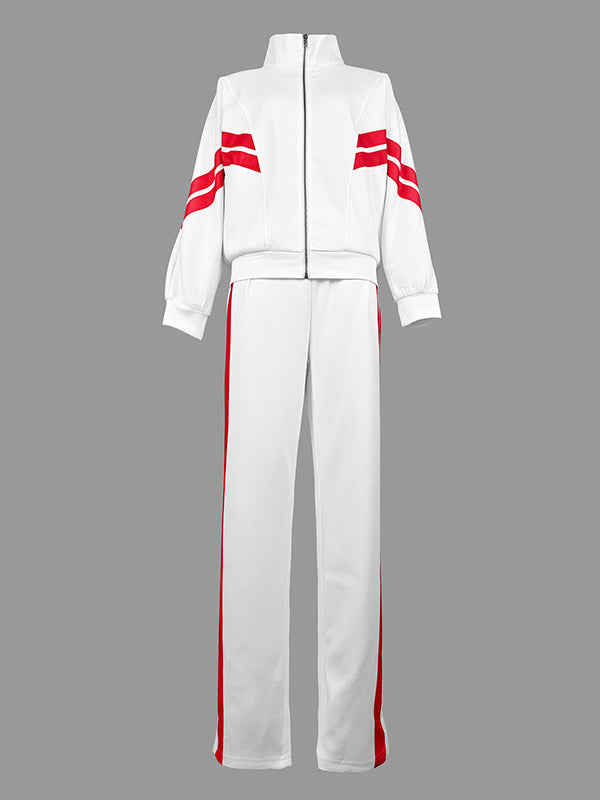 White track jacket with twin red stripes across the sleeves