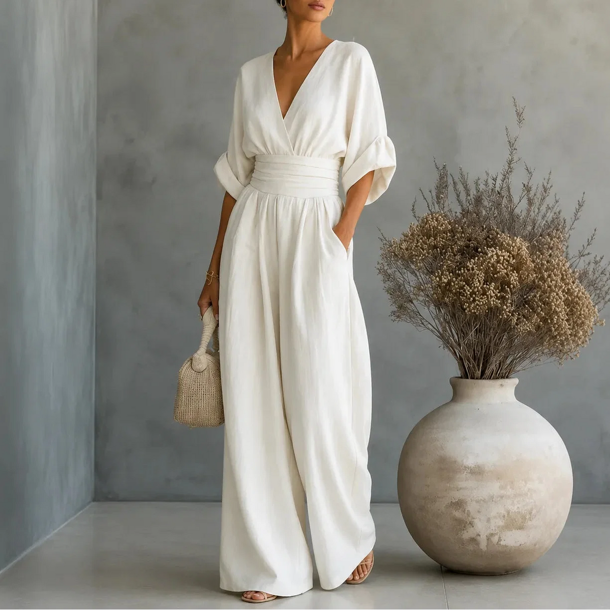 Women's wide leg V-neck jumpsuit in White