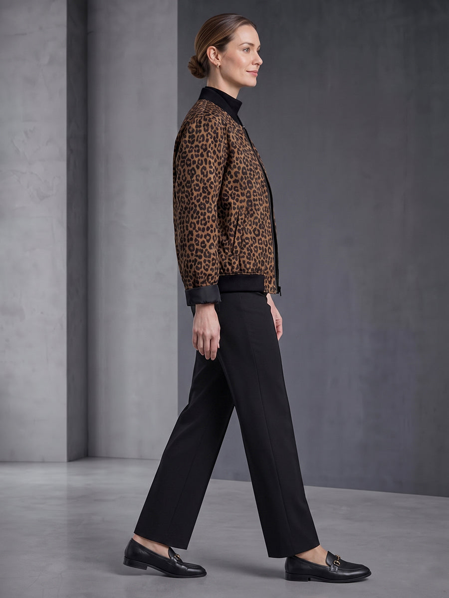 Leopard print bomber jacket with black ribbed collar, cuffs and hem