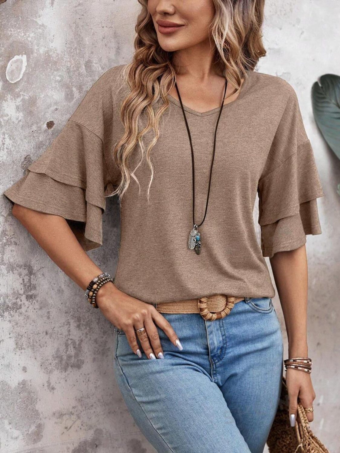 Women's layered flutter sleeve blouse in Mocha