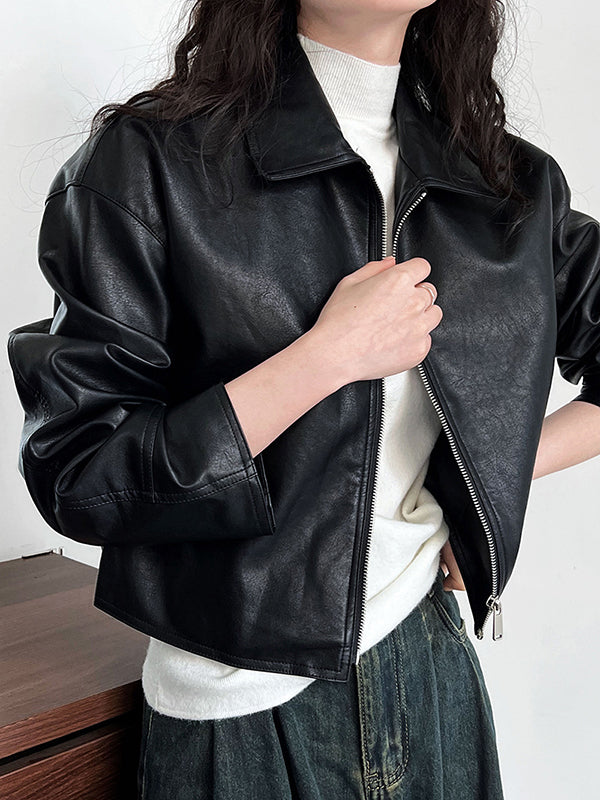Boxy faux leather jacket with a wide shirt collar and zip front in black