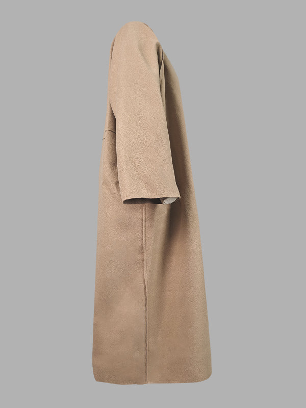 Collarless longline coat with dropped sleeves and an open front