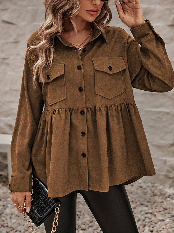 Tobacco brown corduroy shacket with a gathered peplum and chest pockets