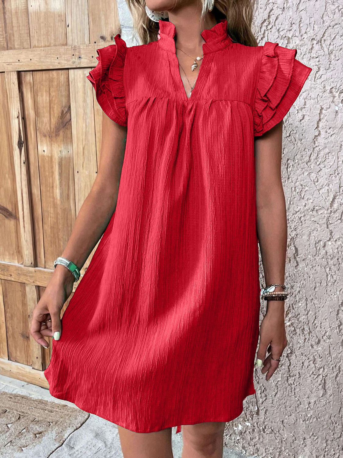 Women's ruffle shoulder mini dress - detail