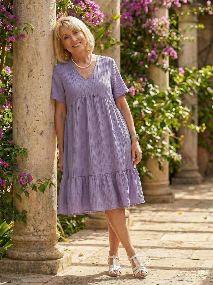 Women's Woven Knee-Length Dress with Gathered Skirt – Saint Dor UK – flat lay